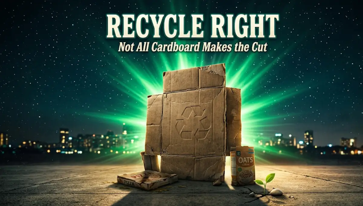 Cinematic movie-poster illustration of a cardboard box hero with text "Recycle Right — Not All Cardboard Makes the Cut" for a cardboard recycling guide