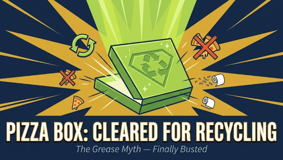 Cinematic vector graphic showing a glowing pizza box with a recycling symbol shield and the text "Pizza Box: Cleared for Recycling" — featured image for pizza box recycling guide 2026