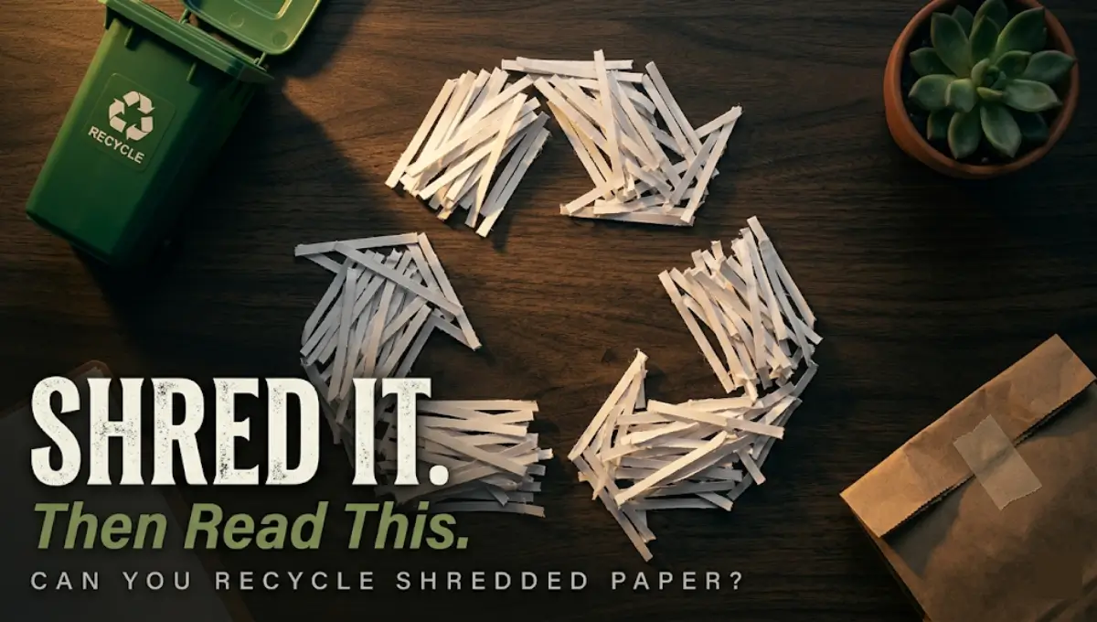 Shredded paper strips arranged into a recycling symbol on a wooden desk with a recycling bin and paper bag