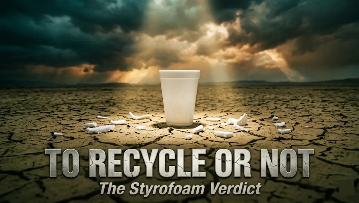 A cinematic movie-poster-style image of a Styrofoam cup in a cracked desert under a stormy sky with the text "To Recycle or Not — The Styrofoam Verdict"