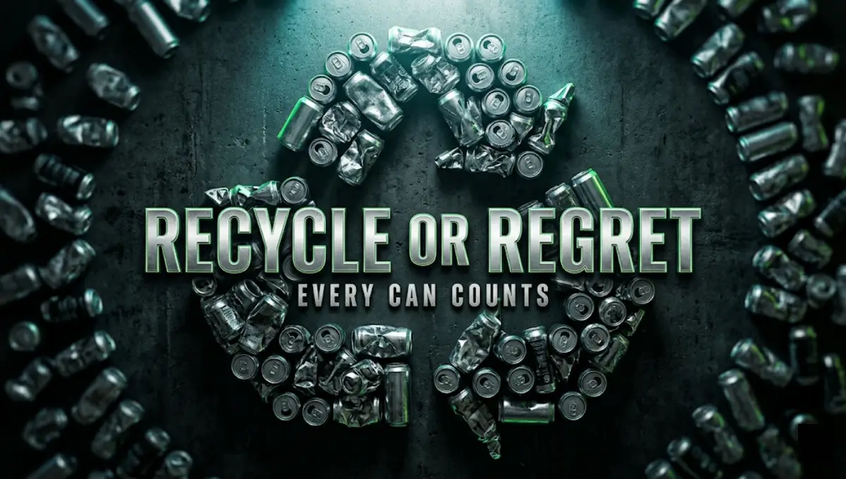 Aluminum cans arranged in a recycling symbol with cinematic text "Recycle or Regret" — how to recycle aluminum cans guide 2026
