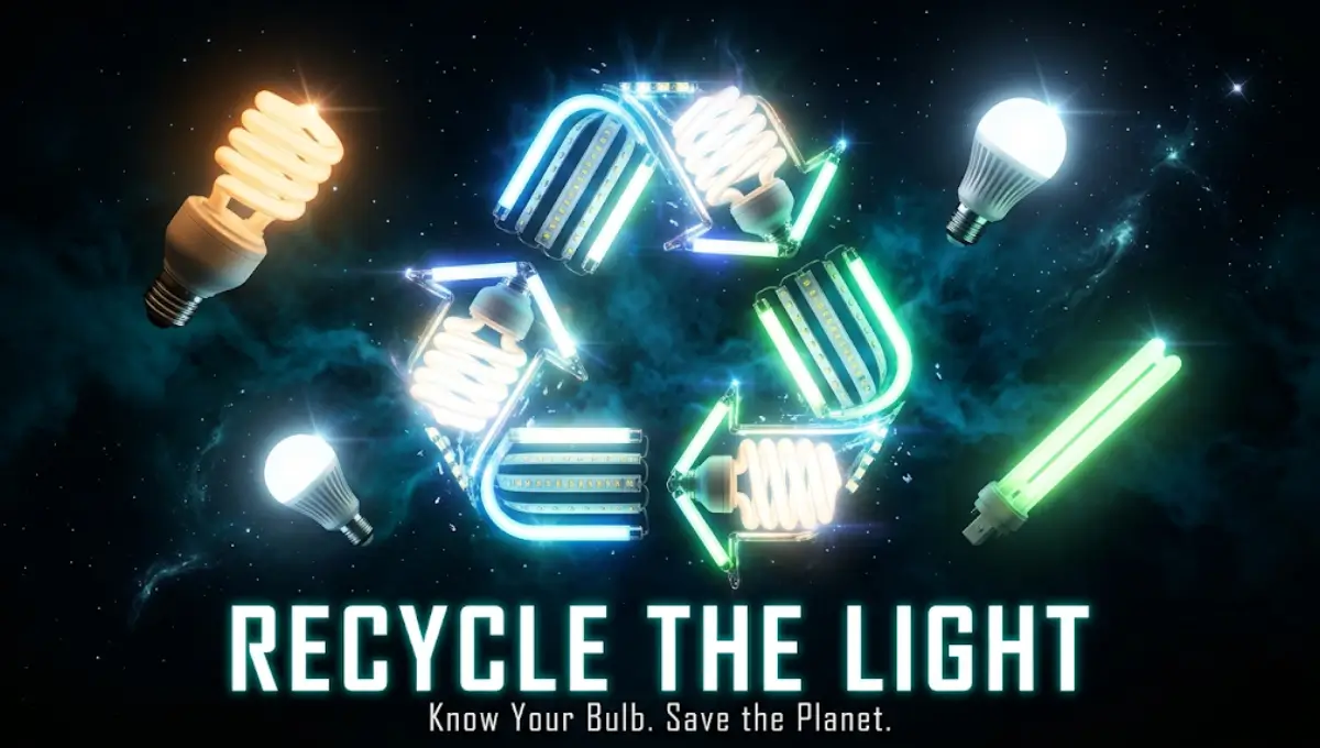 Cinematic illustration of CFL, LED, and fluorescent light bulbs forming a glowing recycling symbol — how to recycle light bulbs guide 2026