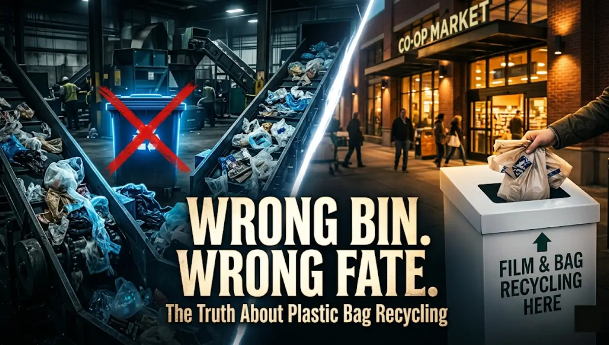 Plastic bags cannot go in curbside recycling bins — use store drop-off locations to recycle plastic film correctly