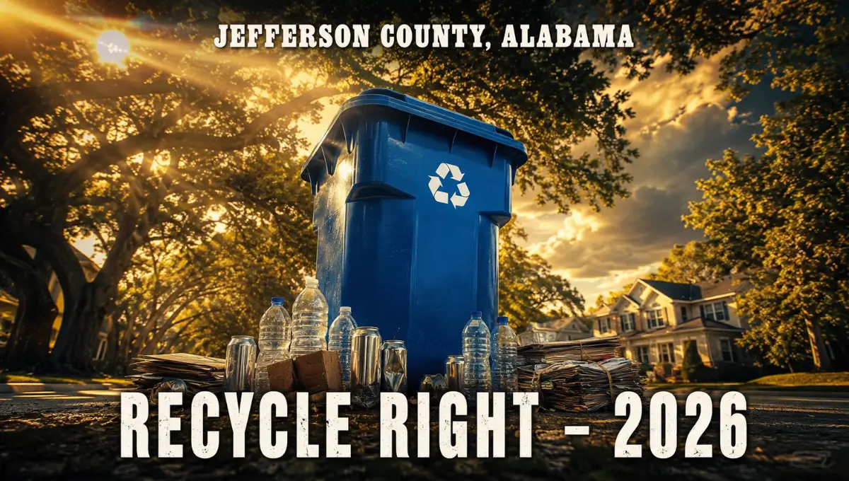 Jefferson County Alabama curbside recycling cart on a suburban street — 2026 recycling guide for unincorporated Jefferson County