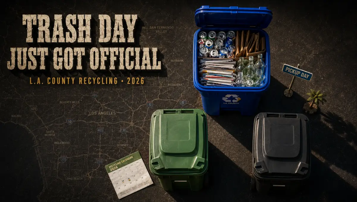 Overhead view of blue green and black recycling carts on Los Angeles County driveway showing sorted recyclables for the 2026 curbside pickup schedule