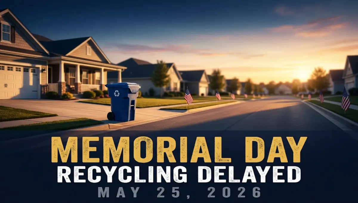 Memorial Day 2026 recycling schedule delayed — curbside bin on suburban street with American flags