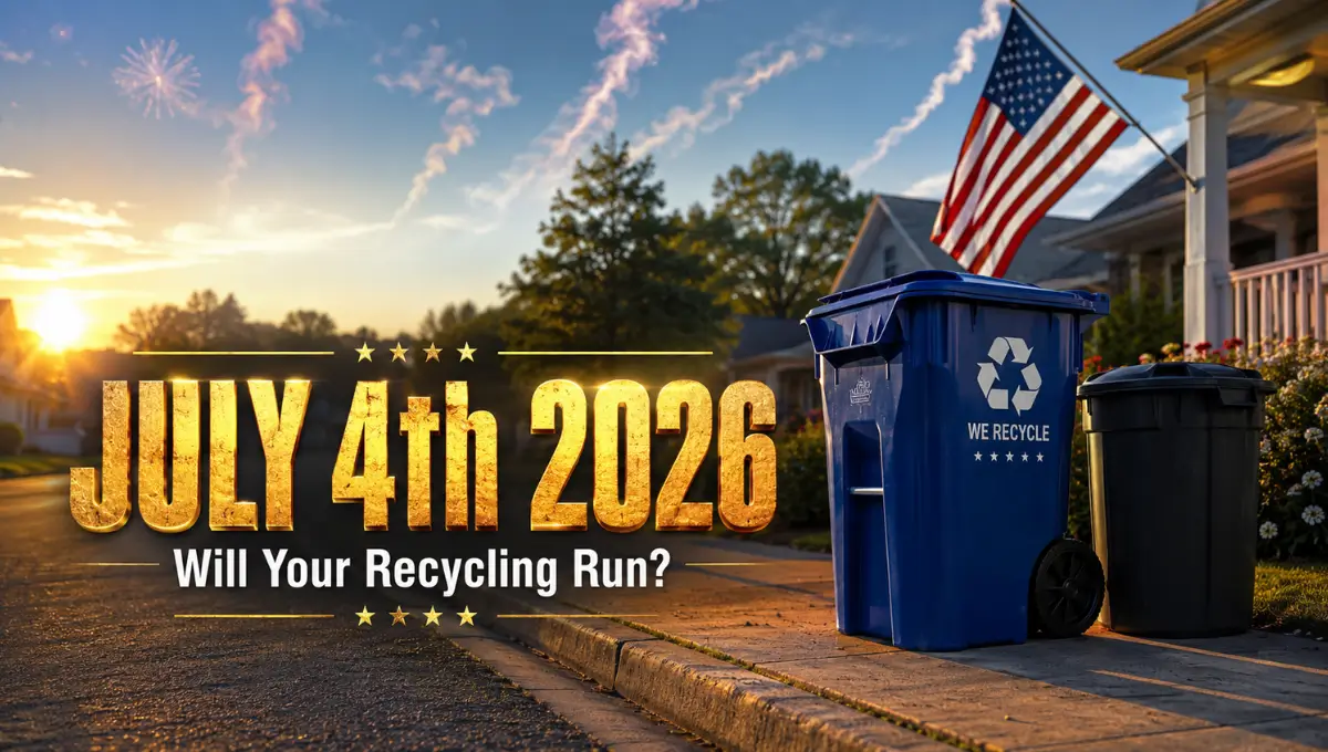 Recycling bin and trash can at the curb on 4th of July 2026 with American flag in background
