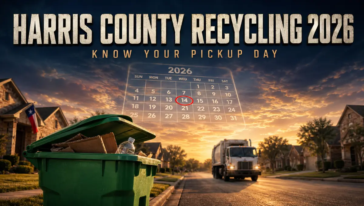 Green recycling cart at a Houston-area curb with a floating 2026 calendar showing Harris County recycling pickup day