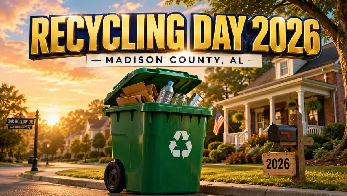 Green recycling cart at the curb of a Madison County, Alabama home with bold "Recycling Day 2026" movie-style title text
