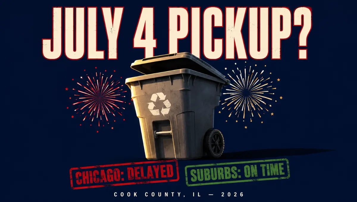 Cook County IL July 4 2026 recycling pickup delay — Chicago delayed, suburbs on time, shown as movie-style poster with recycling cart and fireworks