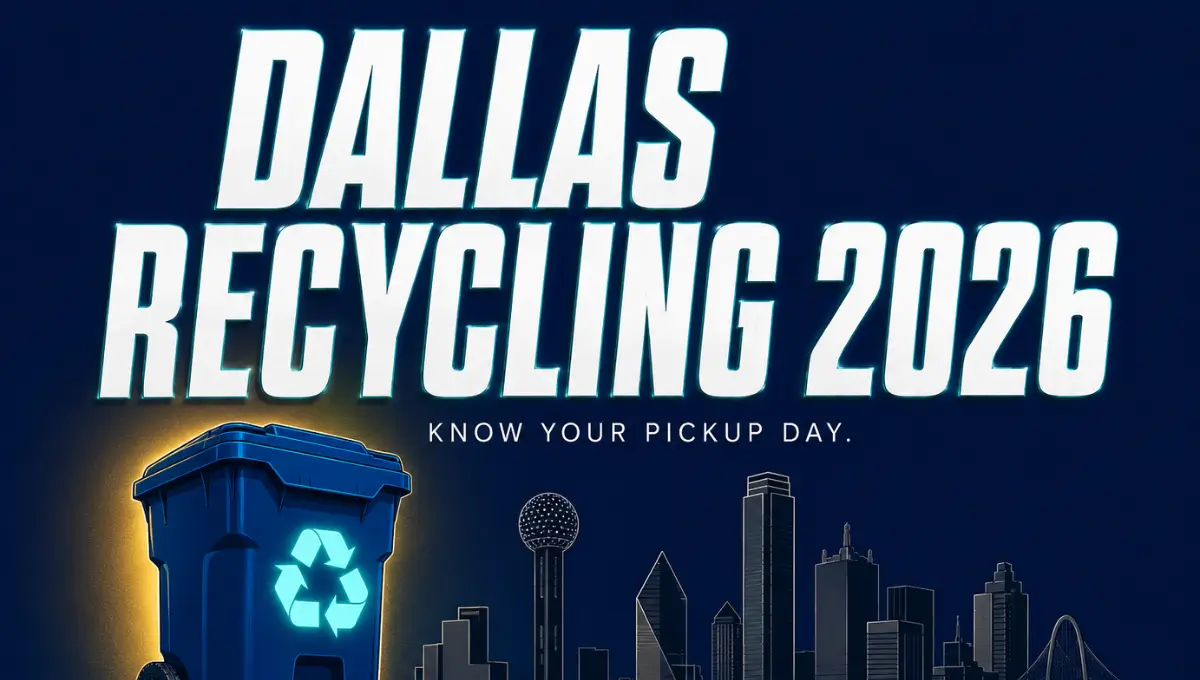 Dallas Texas recycling pickup schedule 2026 featured image with blue recycling cart and skyline