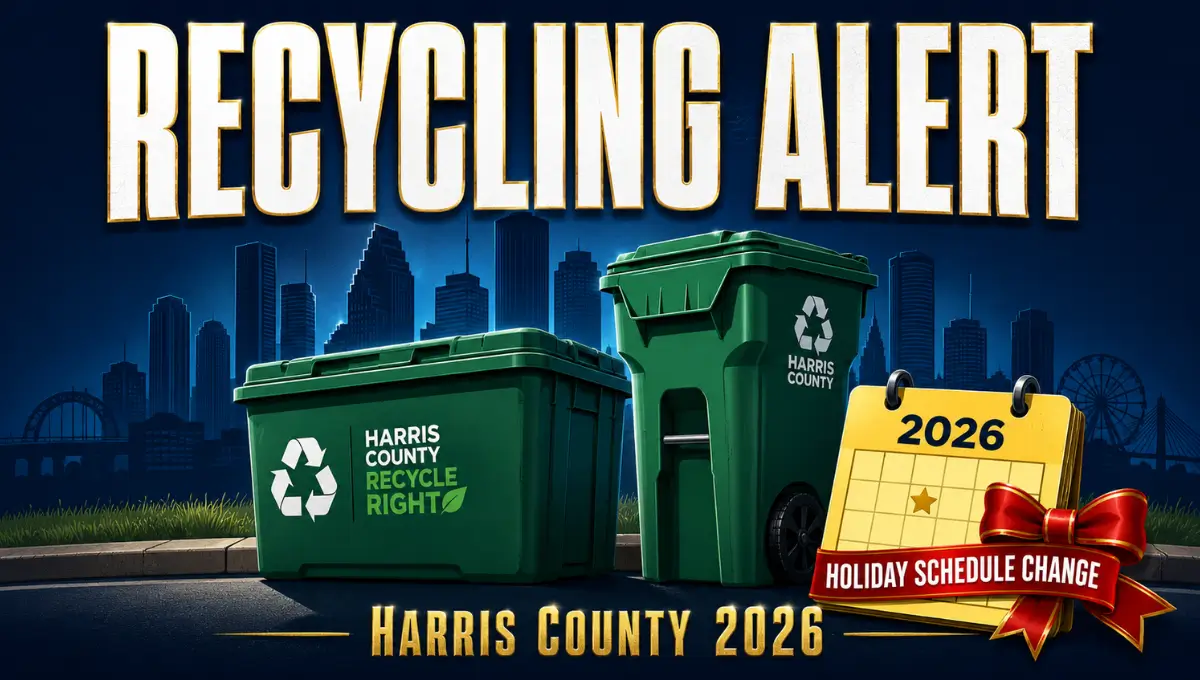 Harris County TX 2026 recycling holiday schedule alert graphic with curbside bins and calendar icon