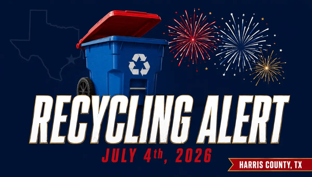 Harris County TX recycling schedule alert graphic for July 4, 2026 holiday pickup