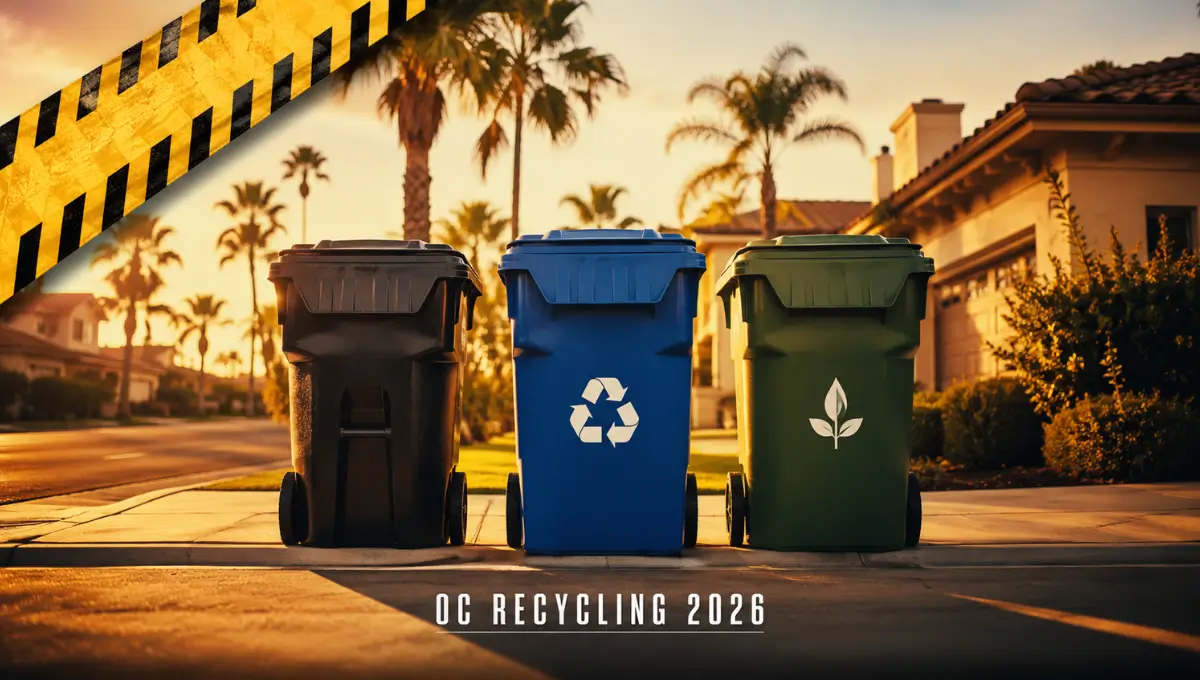 Orange County California curbside recycling and trash bins with 2026 holiday schedule banner