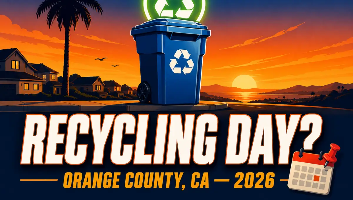 Orange County California recycling pickup schedule 2026 illustration with curbside bin and calendar