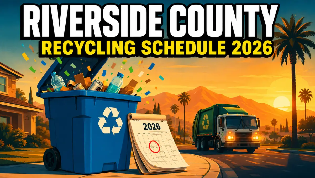 Riverside County CA recycling schedule 2026 curbside bin and pickup calendar illustration