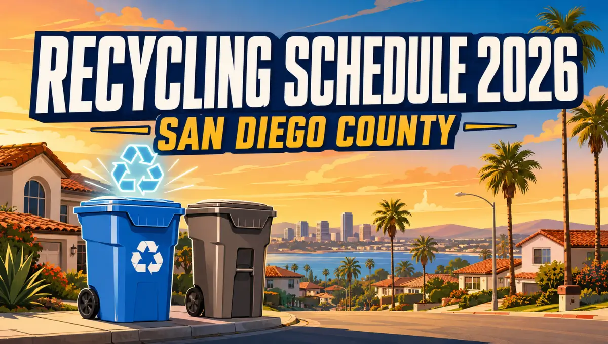 San Diego County recycling schedule 2026 with curbside blue recycling bin and trash bin