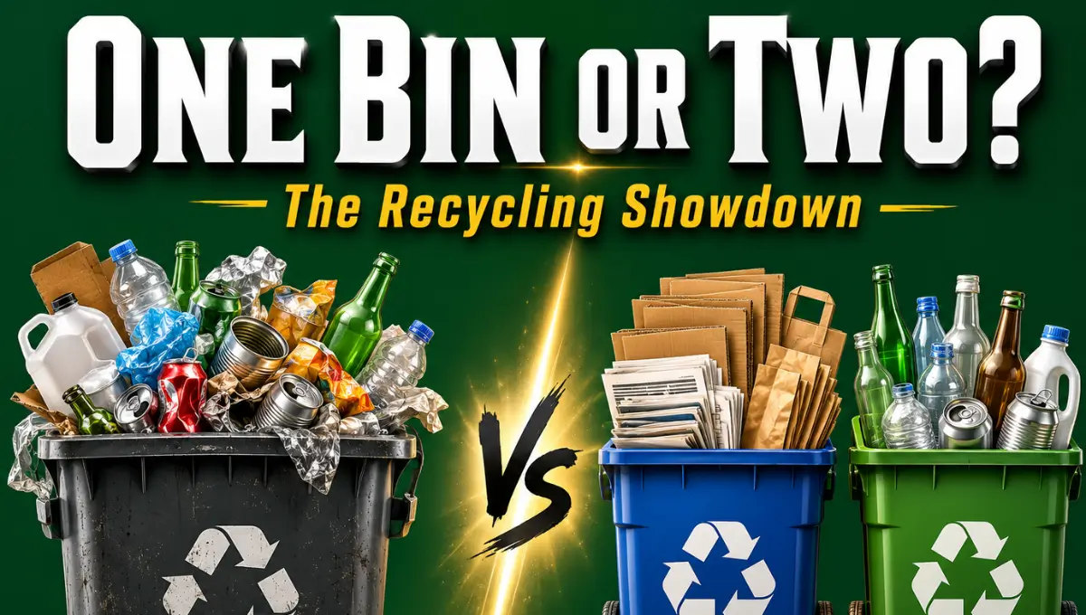 Movie-poster style graphic comparing single-stream vs dual-stream recycling bins