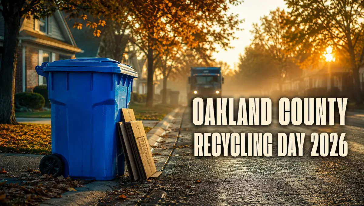 Blue curbside recycling cart on a suburban Michigan street at sunrise for the Oakland County recycling schedule 2026